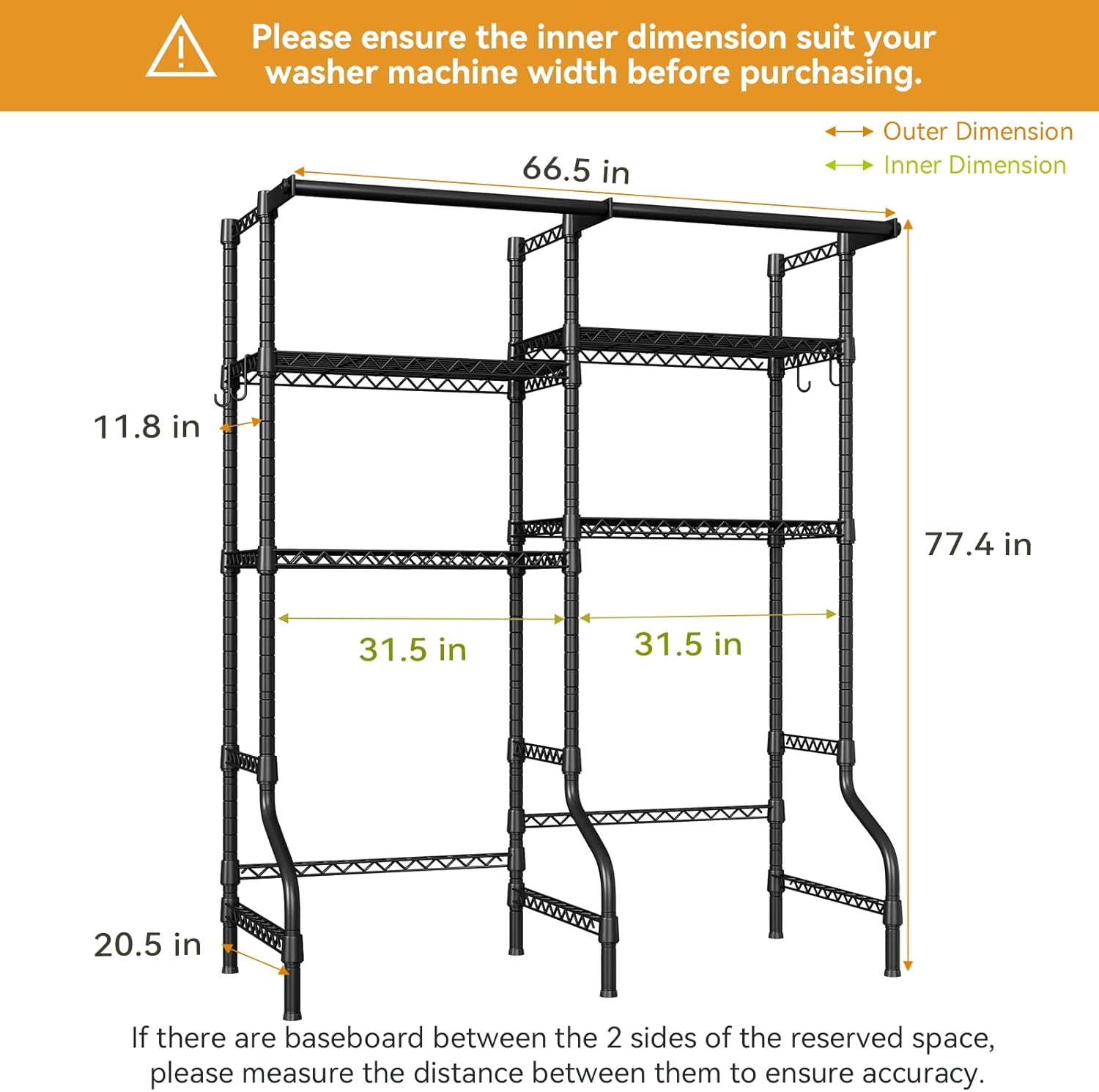 U14 Over Washer and Dryer Storage Shelves, 4 Tiers Laundry Room Storage and Organizer System, Space Saving Clothes Drying Rack with 2 Clothes Hanger Rods, 66.5" W x 20.5" D x 77.4" H, Black - NestledHome