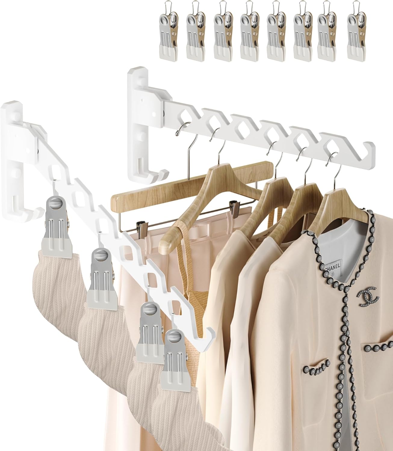 Wall Mount Coat Hanger Holder White Clothes Drying Organizer Rack Garment Hooks Aluminium Retractable Folding Indoor Wall Mounted Hanger Space Saver for Laundry Room Bedroom White 2 Pack with 8 Hooks - NestledHome