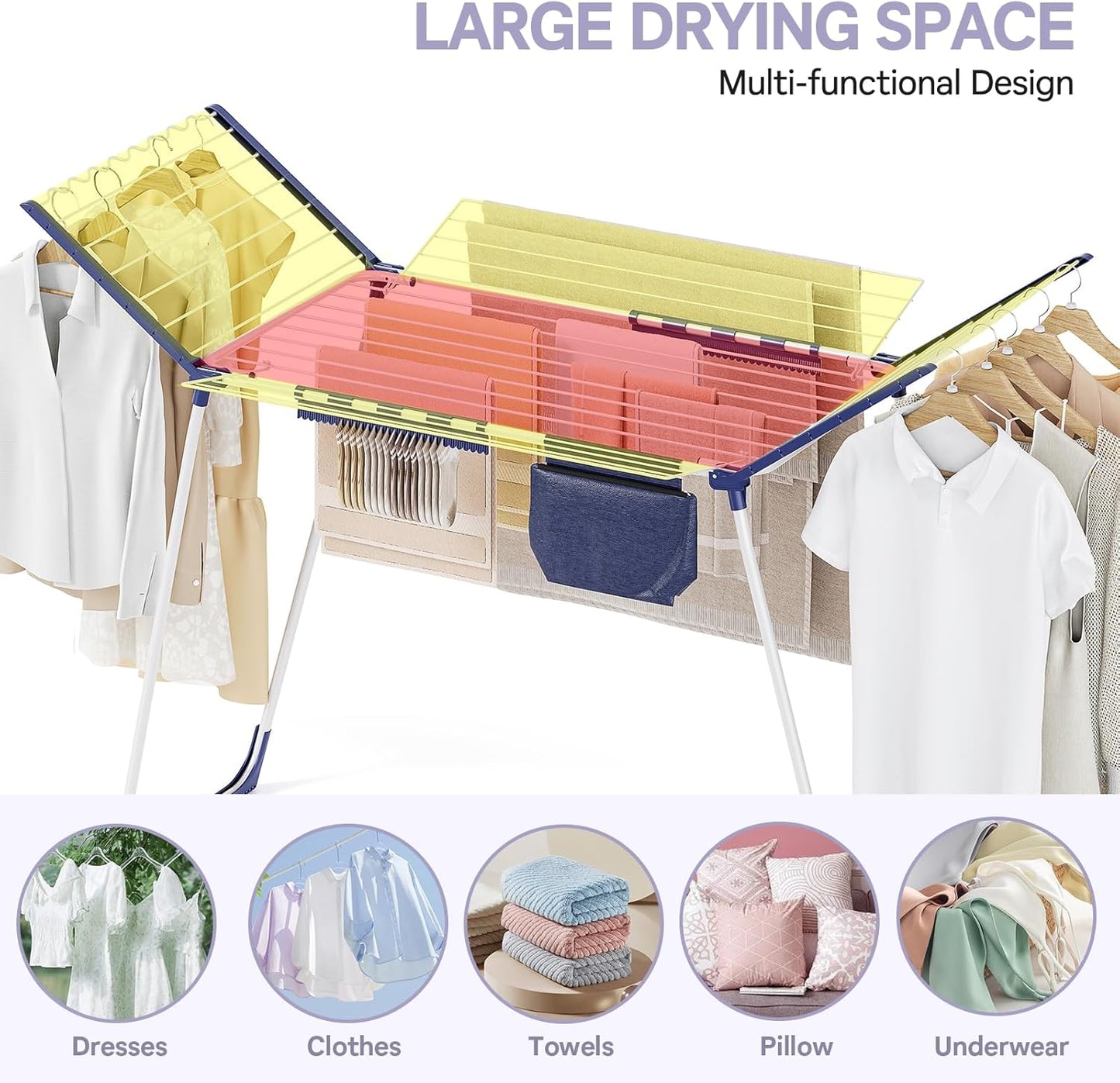 APEXCHASER Clothes Drying Rack Foldable, Drying Rack Clothing Large Space, Winged Laundry Rack with Sock Clips for Hanging Towels Clothes Dress Bedding Indoor Outdoor, White - NestledHome