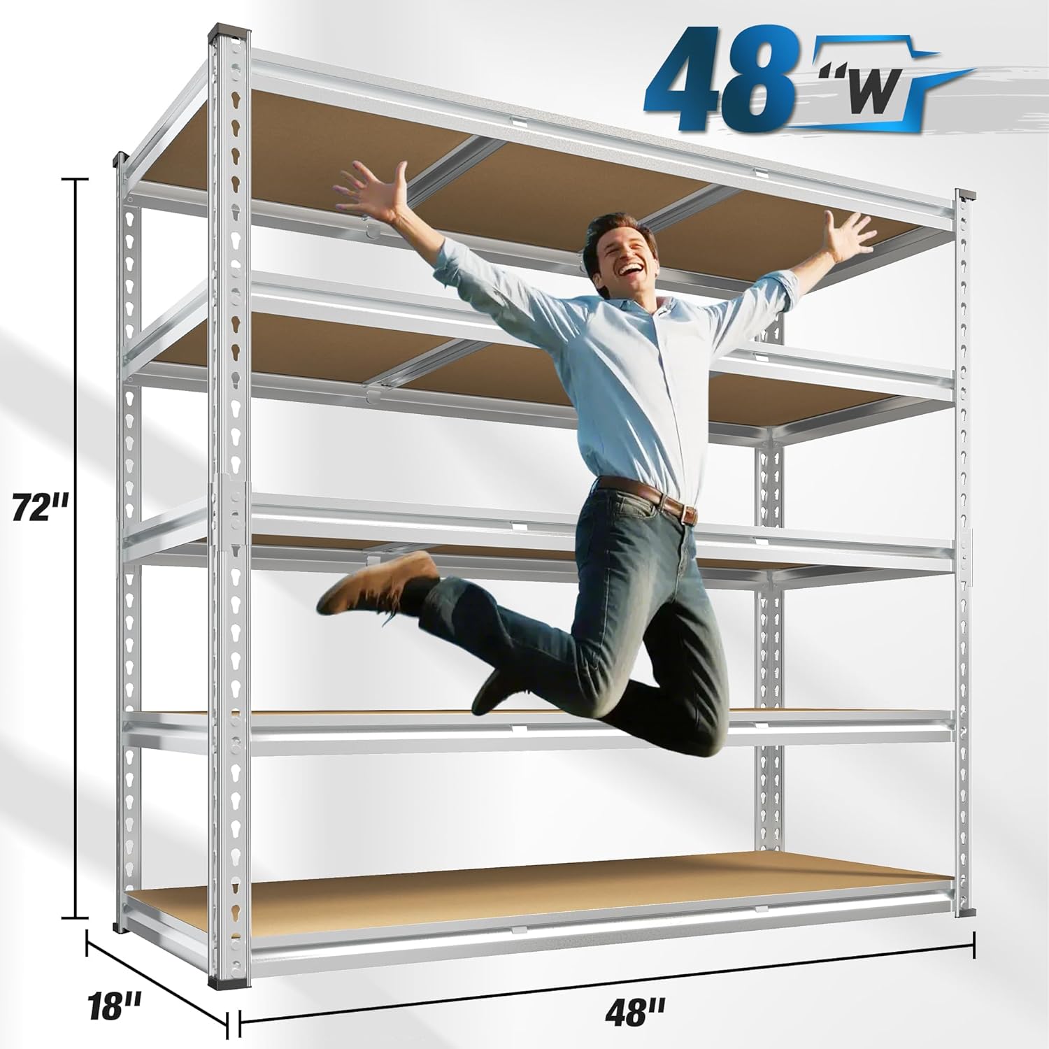 REIBII Garage Shelving, 5 Tier Storage Shelves Load 3000LBS, Adjustable Garage Shelving Heavy Duty, Metal Shelves Unit for Basement, Warehouse, 48" W x 72" H x 18" D, Galvanized - NestledHome
