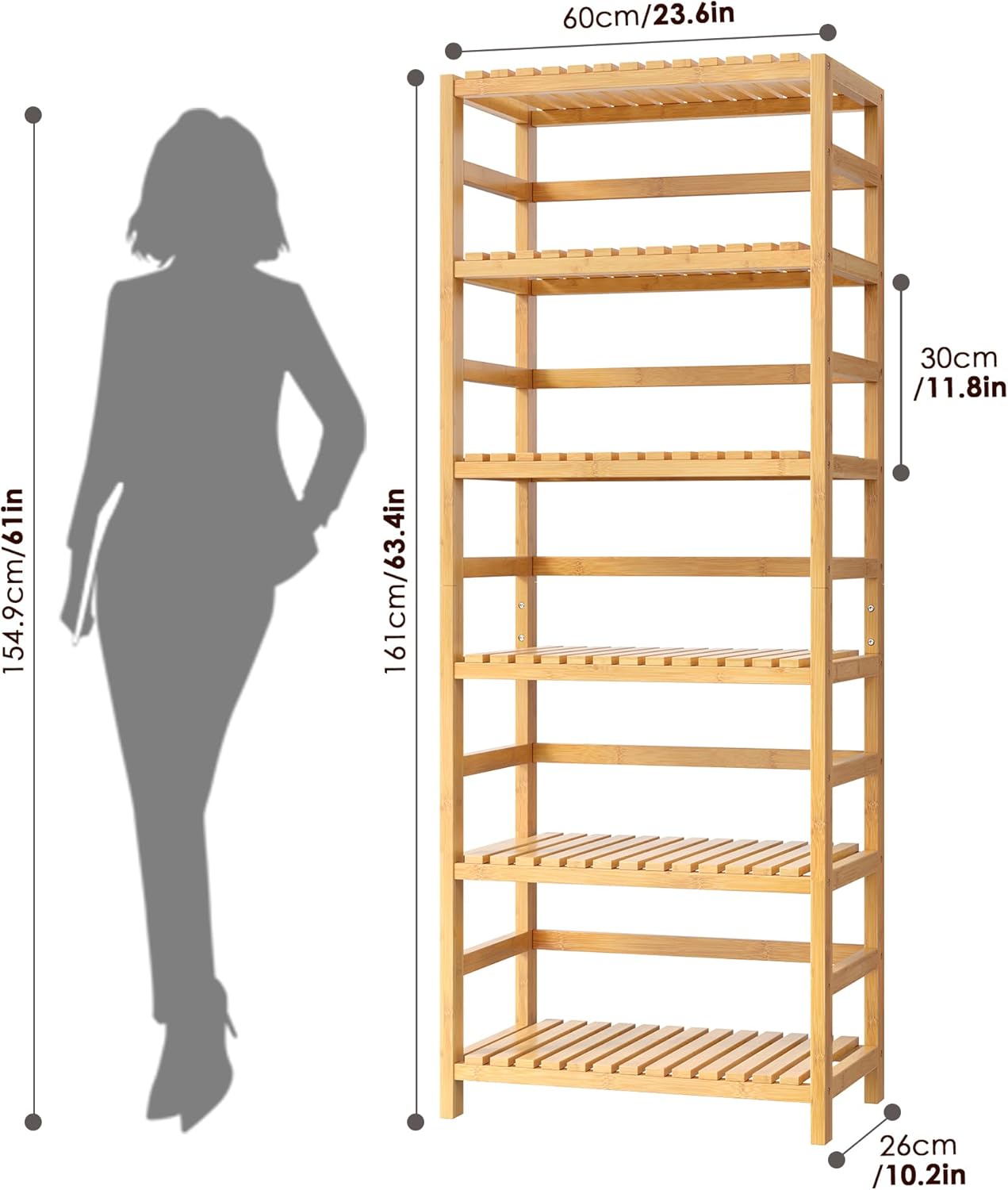 FOTOSOK 6-Tier Bamboo Shelf, Bamboo Bookcase with Adjustable Shelves, Free Standing Storage Shelf Unit, Plant Flower Stand for Kitchen, Bathroom, Home Office, Natural - NestledHome