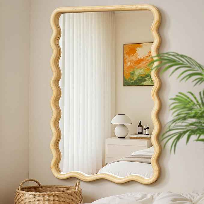 Bathroom Mirror for Wall, 20"x30" Boho Wavy Wood Mirror Large Full Length Decorative Mirror with Tempered Glass, Natural Wooden Frame Vanity Mirror for Bedroom, Living Room, Entryway