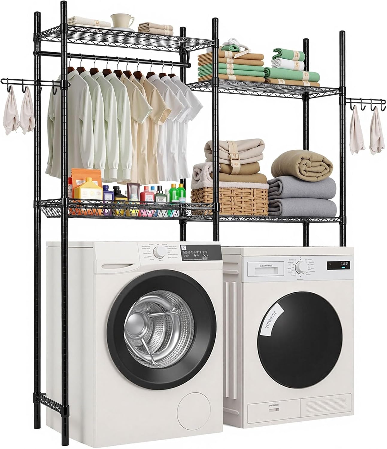 VEVOR Over The Washer and Dryer Storage Shelf, 4 Tier Laundry Room Drying Rack with Hanger Rod and Hooks, Adjustable Over Washer and Dryer Shelves, Laundry Room Shelf Storage Space Saver, Black - NestledHome