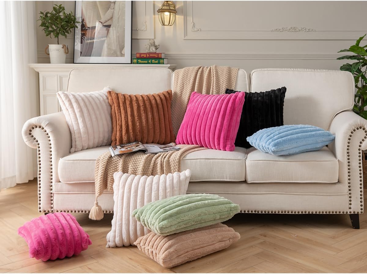 DEELAND Pack of 2,Double-Sided Faux Fur Plush Decorative Throw Pillow Covers Fuzzy Striped Soft Pillowcase Cushion Covers for Sofa Couch Bedroom Beige 16x16 inch