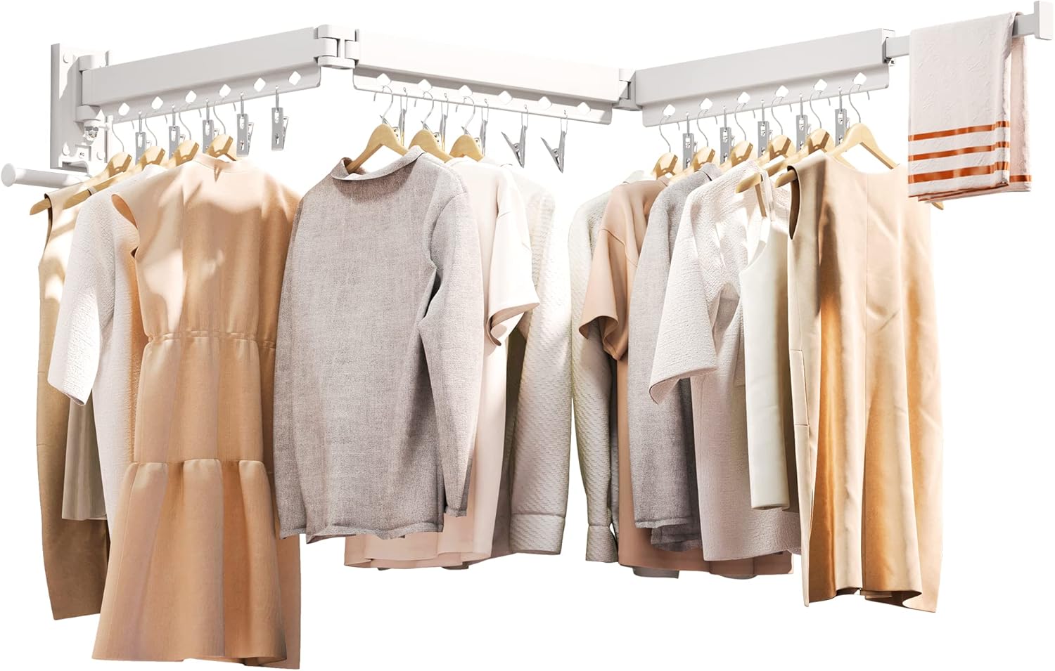 Wall Mounted Clothes Hanger,Clothes Drying Rack,Laundry Rack Wall Mount,Drying Rack Clothing,Clothes Rack Retractable,Collapsible(Tri-Fold), with Windproof Holes & Clips,White Color - NestledHome