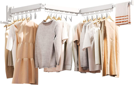 Wall Mounted Clothes Hanger,Clothes Drying Rack,Laundry Rack Wall Mount,Drying Rack Clothing,Clothes Rack Retractable,Collapsible(Tri-Fold), with Windproof Holes & Clips,White Color - NestledHome