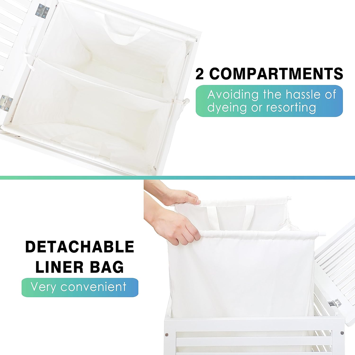 SMIBUY Double Laundry Hamper with Lid, 120L Bamboo Laundry Basket with Removable Liner Bag, 2-Section Clothes Divider Laundry Sorter for Laundry Room, Bathroom, Bedroom (White) - NestledHome