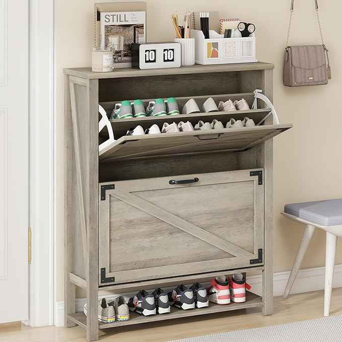 Vabches Shoe Storage Cabinet, Farmhouse Freestanding Organizer with 2 Flip Drawers, Wooden Hidden Narrow Slim Shoe Rack Cabinet for Entryway, Hallway, Foyer, Grey