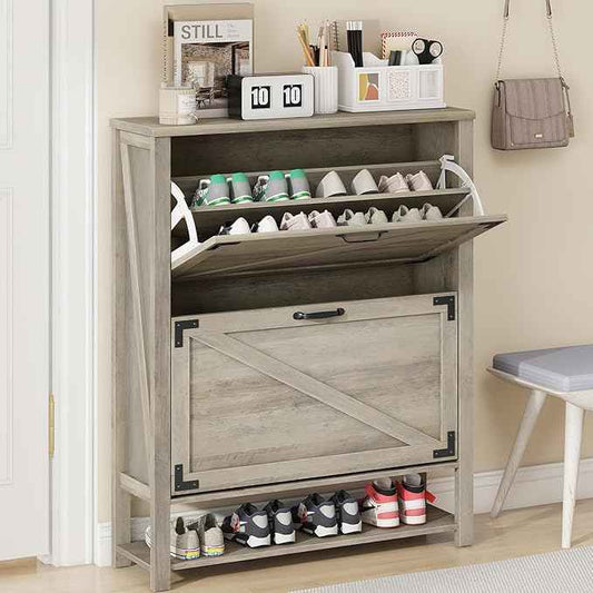 Vabches Shoe Storage Cabinet, Farmhouse Freestanding Organizer with 2 Flip Drawers, Wooden Hidden Narrow Slim Shoe Rack Cabinet for Entryway, Hallway, Foyer, Grey