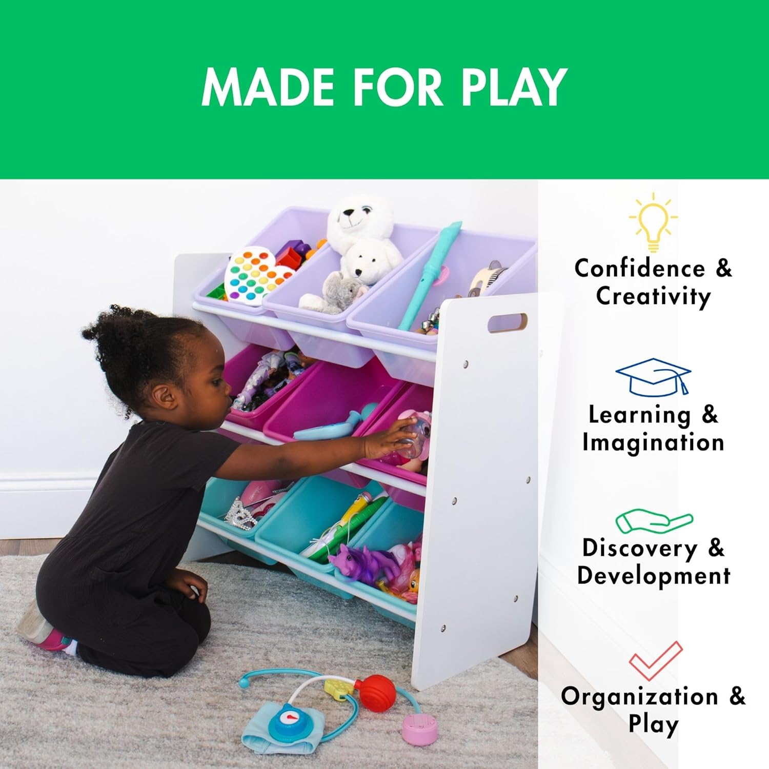 Humble Crew 9-Bin Toy Organizer – Forever Natural White/Pink/Purple/Aqua Plastic Bins, 3-Tier Storage Solution for Kids' Playrooms and Nurseries - NestledHome
