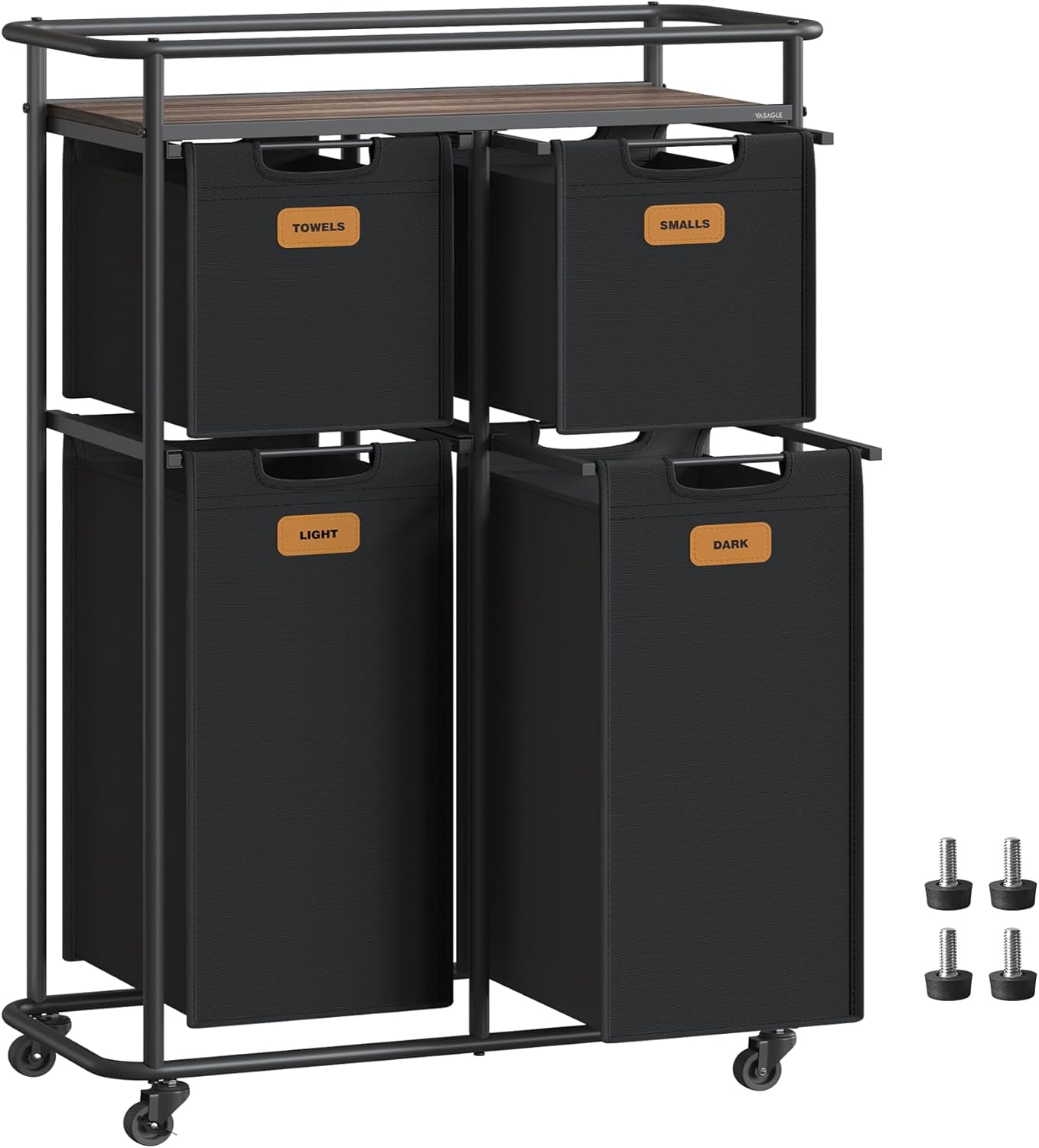 VASAGLE Laundry Sorter, Laundry Hamper with Wheels, 39.6 Gal. (150 L) Portable Rolling Cart Baskets with Shelf, 4 Removable Liners and 6 Labels, Ink Black and Chestnut Brown URLS100B01 - NestledHome