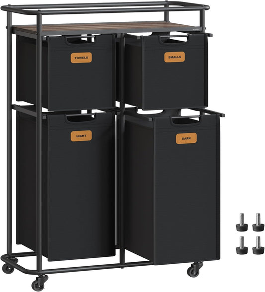 VASAGLE Laundry Sorter, Laundry Hamper with Wheels, 39.6 Gal. (150 L) Portable Rolling Cart Baskets with Shelf, 4 Removable Liners and 6 Labels, Ink Black and Chestnut Brown URLS100B01 - NestledHome