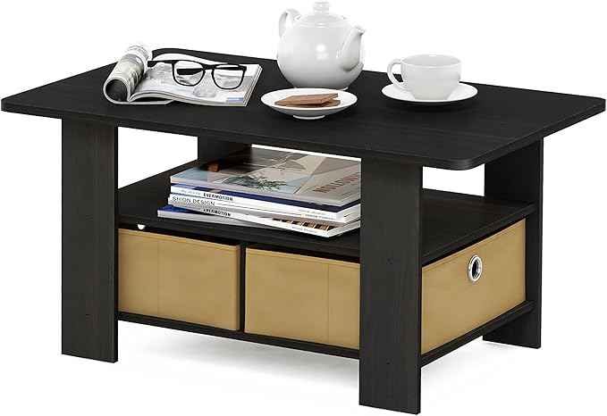 Furinno Coffee Table with Bins, Espresso/Brown