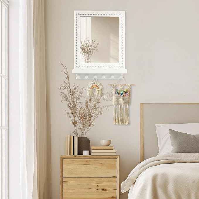 Tirzah 16x12 Inch Wall Mount Beaded Wood Framed Mirror with Shelf and 6 Hooks, White Decorative Entryway Mirror with Storage for Laundry Room, Bathroom, Bedroom