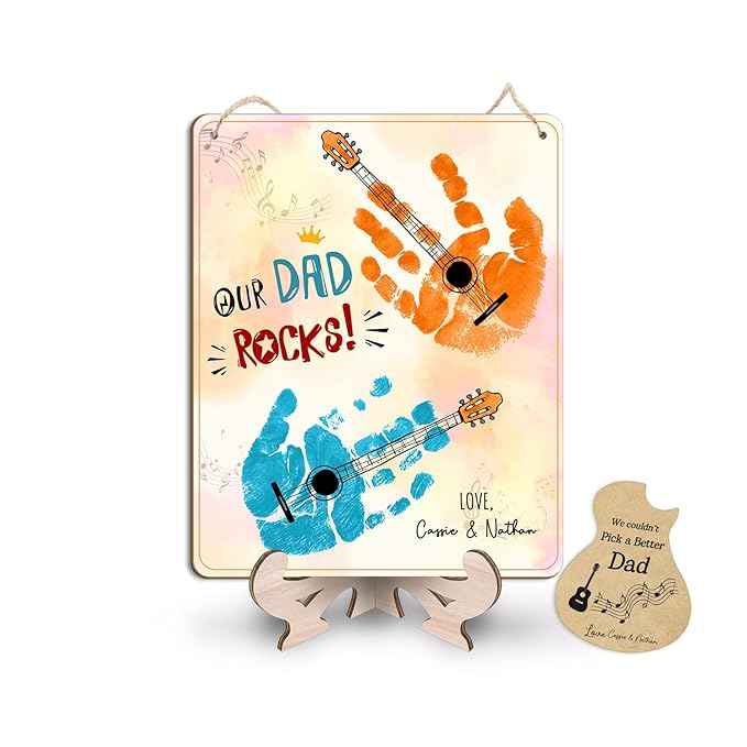DIY Our Dad Rocks Guitar Craft Plaque Baby Handprint Gifts for Dad Papa Musician Guitar Player, Baby First Fathers Day Art Craft for Guitarist Father, Best Dad Ever Gifts with Kids Handprint Keepsake
