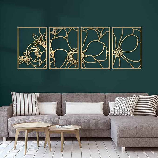 Glamativity 4 Pack Gold Wall Art, Flower Minimalist Single Line Art, Real Metal Nature Floral Abstract Wall Decor for Kitchen Bedroom Living Room