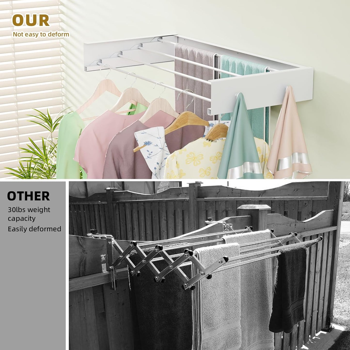 Wall Mounted Drying Rack for Laundry 23.6'', Foldable Laundry Drying Rack Clothing Wall Mount with 4 Towel Hooks and 4 Rods, Space Saving for Indoor Outdoor Bathroom Balcony (White, 23.6'') - NestledHome