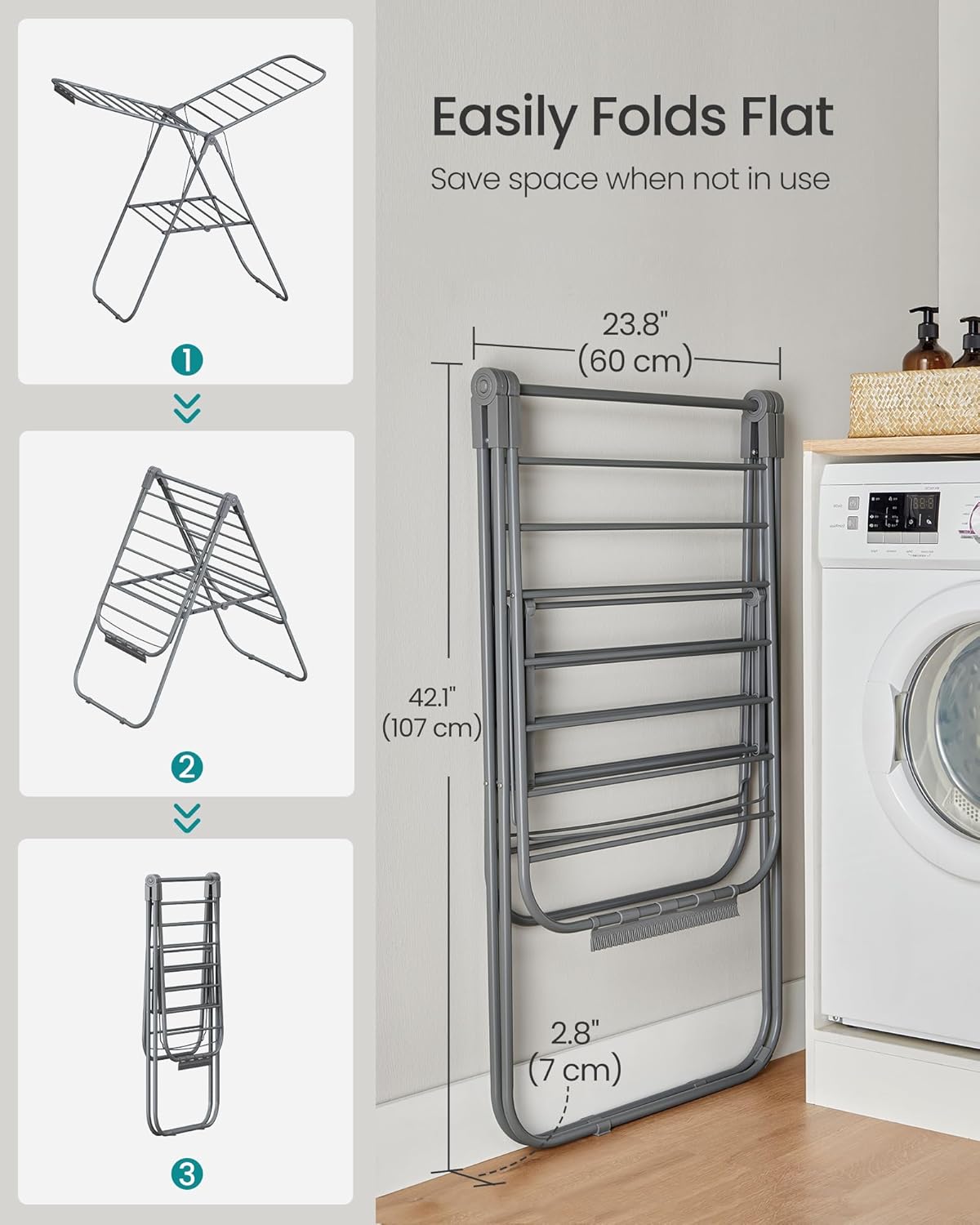 SONGMICS Clothes Drying Rack, with Sock Clips, Metal Laundry Rack, Foldable, Space-Saving, Free-Standing Airer, with 2 Height-Adjustable Gullwings, Indoor Outdoor Use, Gray ULLR052G01 - NestledHome