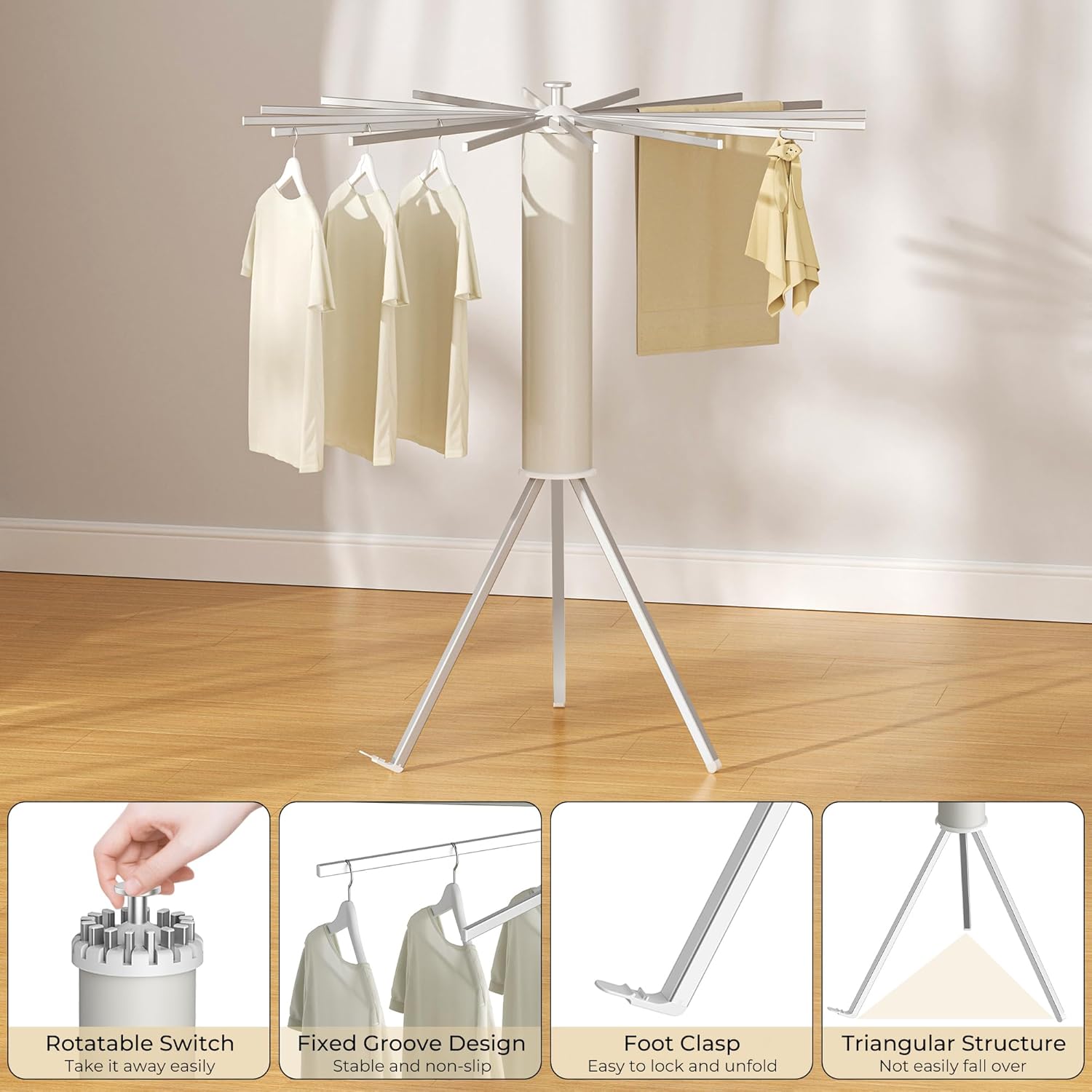 Tripod Clothes Drying Rack, Garment Rack Portable and Foldable Space Saving Laundry Drying Rack - Dryer Rack Clothing Floor Folding Balcony Bedroom Household (Silver(Aluminum), 16 rods) - NestledHome