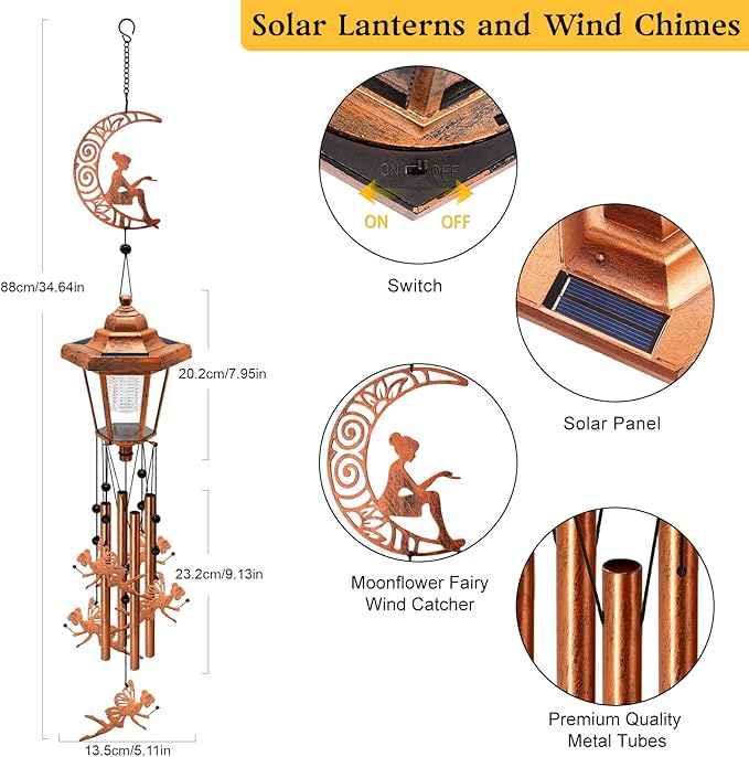 Large Solar Moon Fairy Wind Chimes, Gifts for Women Mom Grandma Wife Sister Daughter Neighbor, Classic Bronze Wind Chimes with Wind Catcher, Solar Decor Lights for Outdoor Garden Patio Porch Window