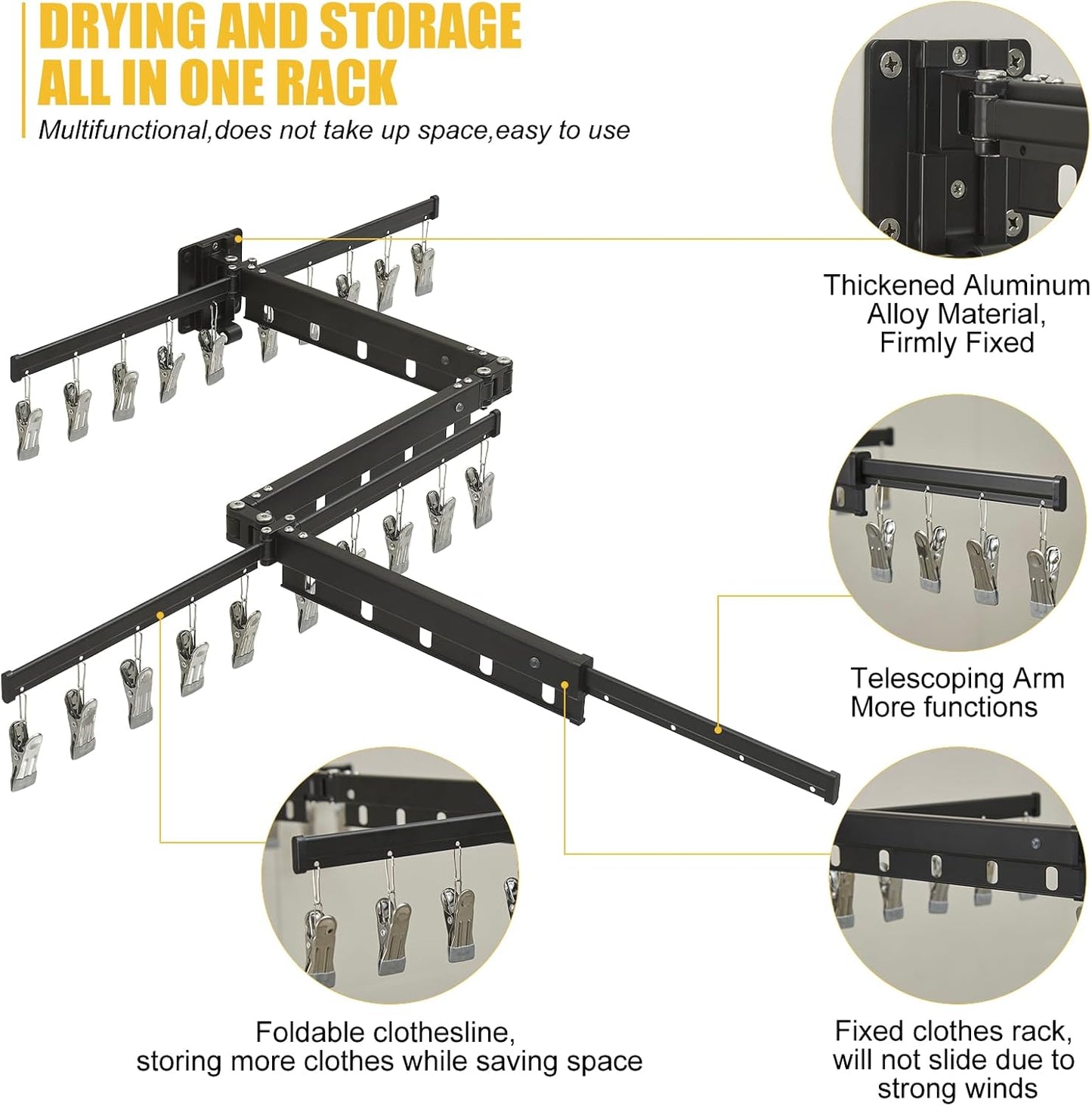 BESy Tri-Fold Foldable Clothes Drying Rack Retractable Hanging Collapsible Dryer Hanger Racks for Laundry Balcony Bathroom Space Saver Outdoor Indoor 20 Clips Aluminum Alloy Wall Mounted Matte Black - NestledHome