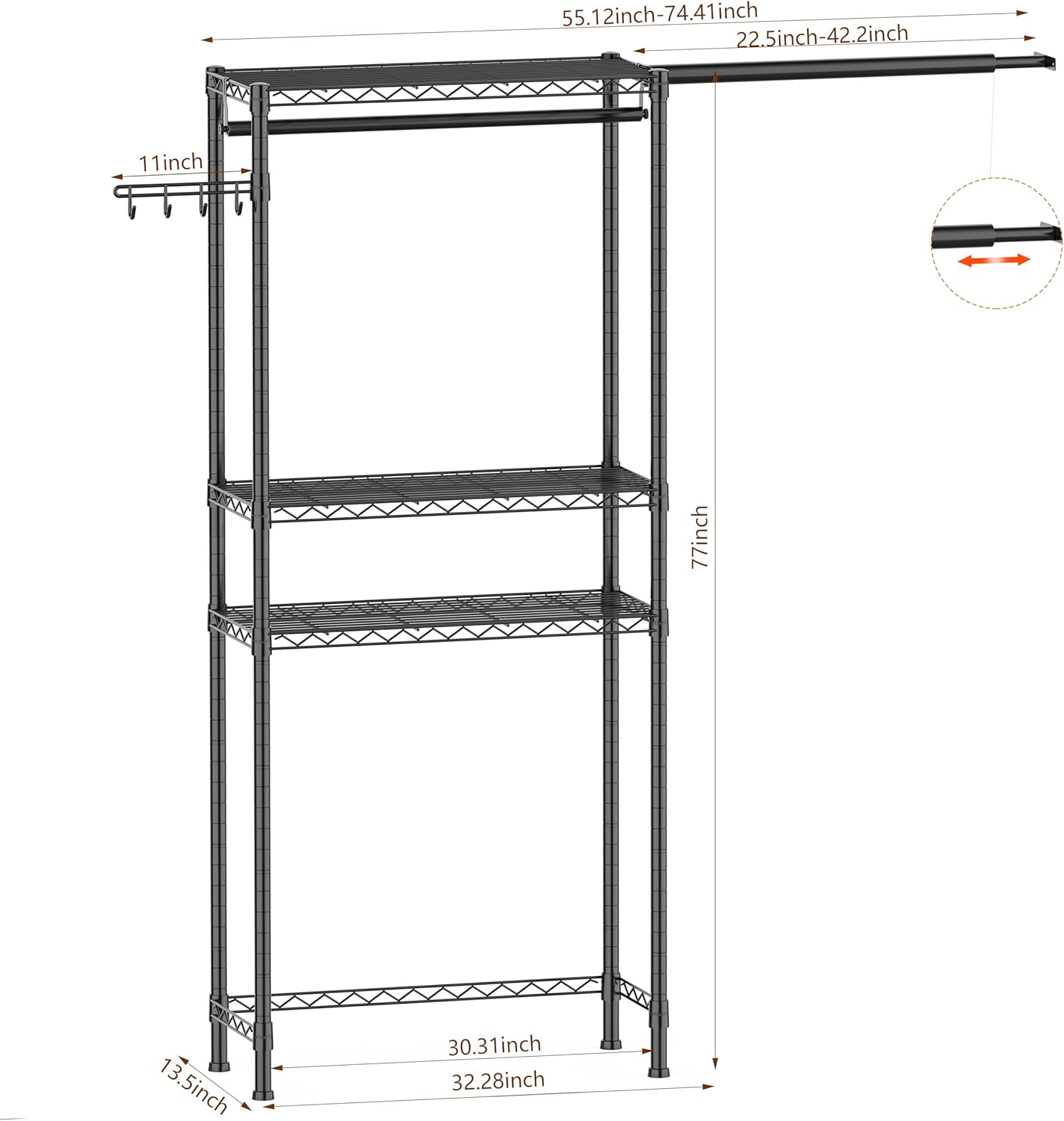 Over Washer and Dryer Shelves,3 Tier Adjustable Wire Shelving Laundry Room Storage Organization Clothes Drying Rack with Mounted on the Wall Expandable Hanger Rods&Hook,55"~74.5"Wx13.4"Dx77"H - NestledHome