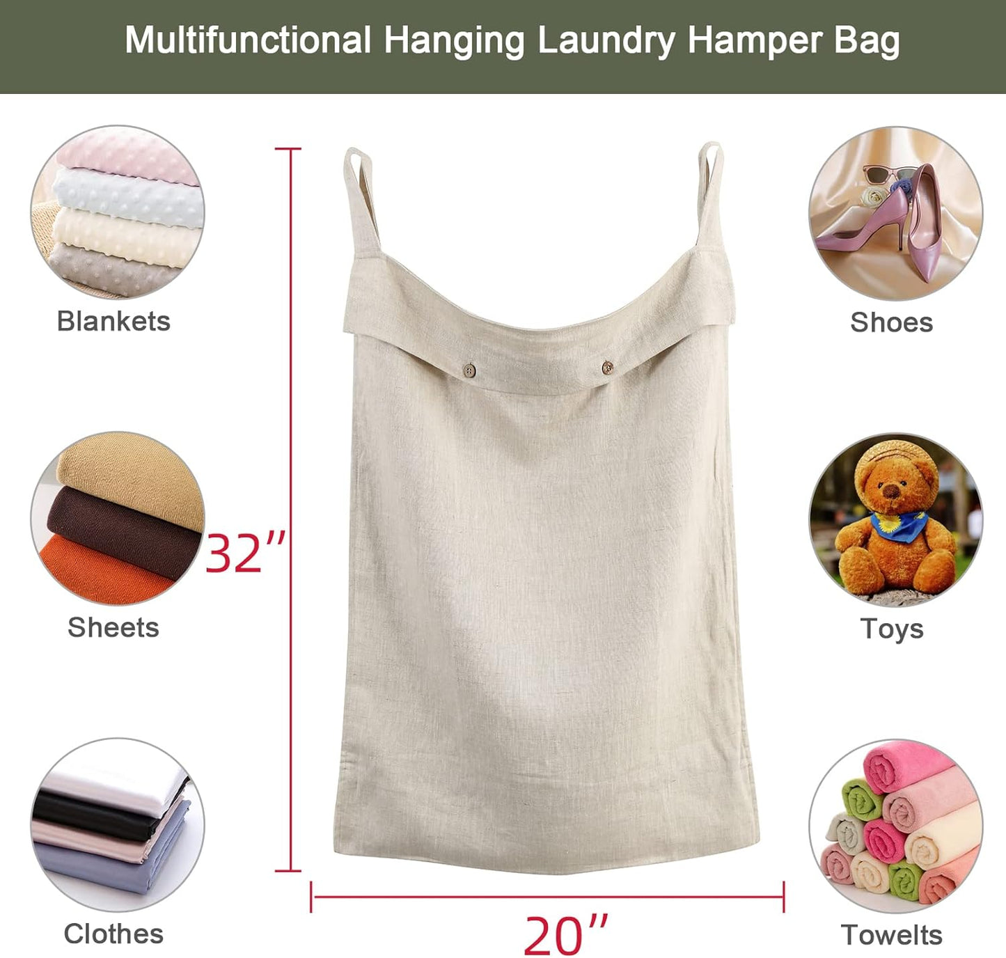 Linen Hanging Laundry Bag, 100% Linen Over The Door Laundry Hamper with Buttons and Zipper, Space Saving Door Hampers for Laundry Dirty Clothes Home Travel, Linen - NestledHome