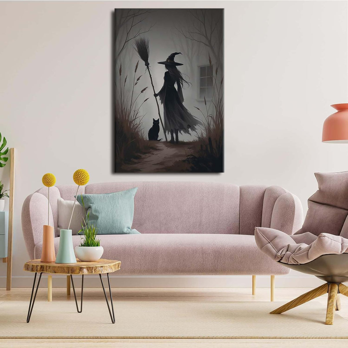 Vintage forest witch and black cat poster Halloween mural poster decoration mural art magic suitable for home living room bedroom8x12in Wood Framed