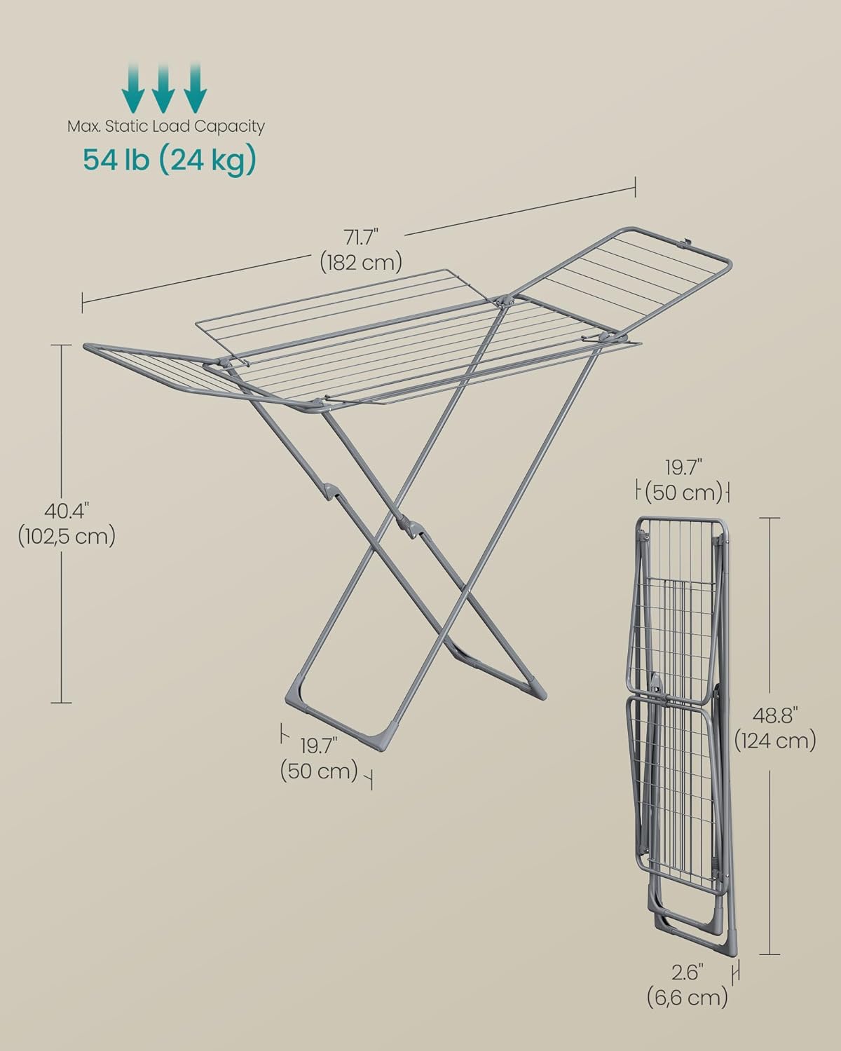 SONGMICS Clothes Drying Rack, Metal Laundry Drying Rack, Foldable, Space-Saving, Free-Standing Airer, with 4 Gullwings, Indoor Outdoor Use, Bed Linen Clothing, Gray ULLR541G01 - NestledHome
