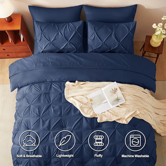 CozyLux California King Comforter Set Navy Blue - 7 Pieces Cal King Pintuck Bed in A Bag Gift for Family, Pinch Pleat Bedding Sets with All Season Comforter, Sheets, Pillowcases & Shams