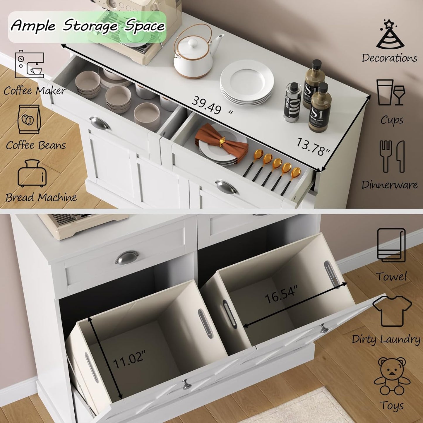 Loomie Double Tilt Out Laundry Hamper Cabinet, Hidden Laundry Cabinet with 2 Drawers & 2 Baskets, 30 Gallon Trash Can for Bathroom, Kitchen, White - NestledHome