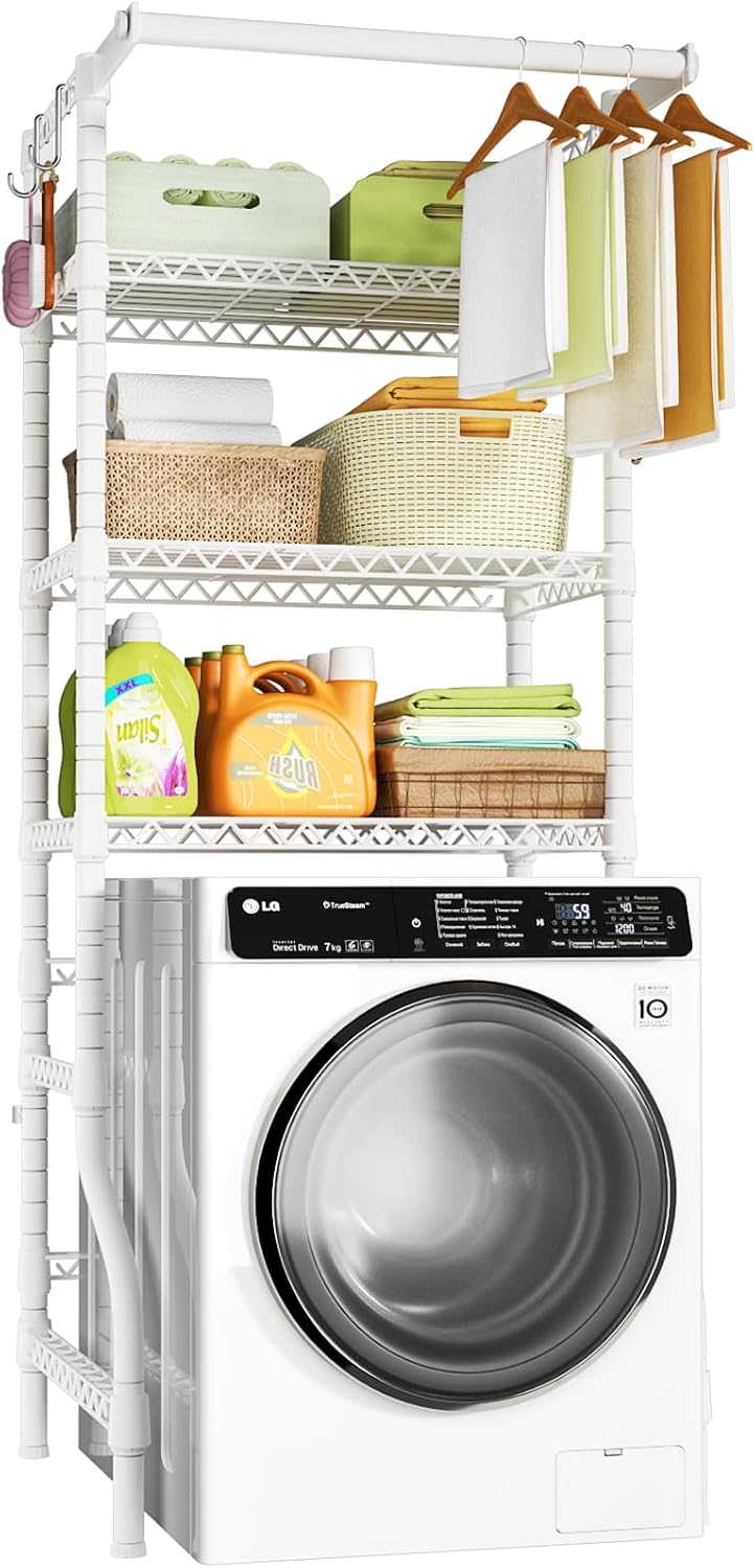 Ulif U11 Mini Over Washer and Dryer Shelves, 3 Tiers Laundry Room Storage and Organizer Standing Shelf, Metal Freestanding Clothes Drying Rack, 28.3”W x 19.7”D x 77.6”H, White - NestledHome