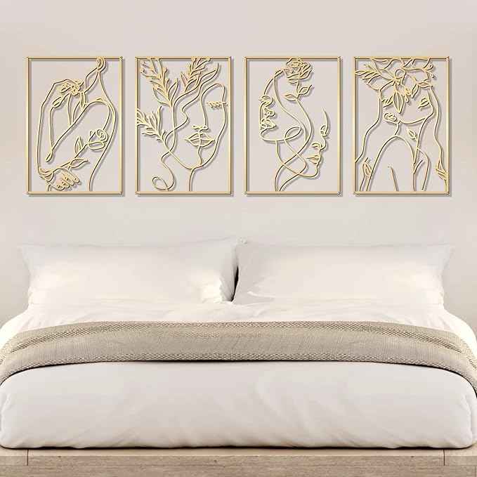 Glamativity 4 Pack Gold Wall Art Decor, Female Flower Face Lover Minimalist Décor Single Line Art Wall Décor, Real Metal Wall Art, Woman's Body Shape Abstract Wall Art, for Kitchen Bedroom Living Room (Gold Floral Lady Style, M Size 17 x 11.8'')