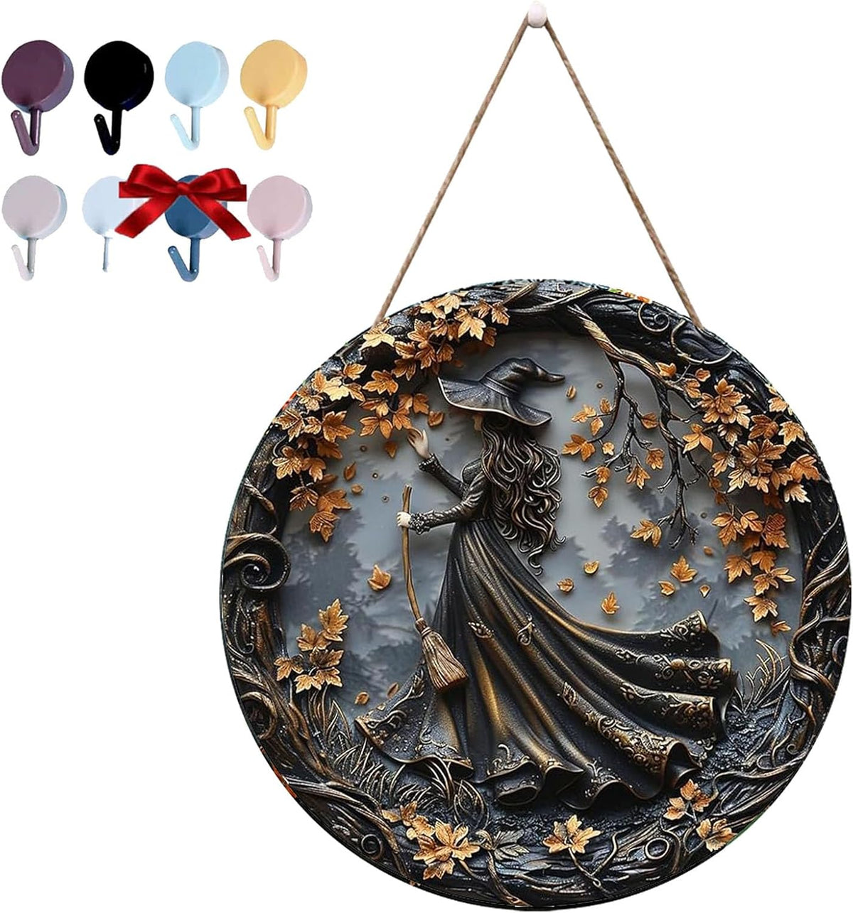 Fanyil/Olygee/Sherum/Shirem/Pubyfun/Glosrity/Libilin/Graddi/Solymody/Gowebs/Goredny/Vianys Witching Hour, Door Way Hanging Decor Halloween, 2D Wooden Round Witches Sign (C, ‎7.87")