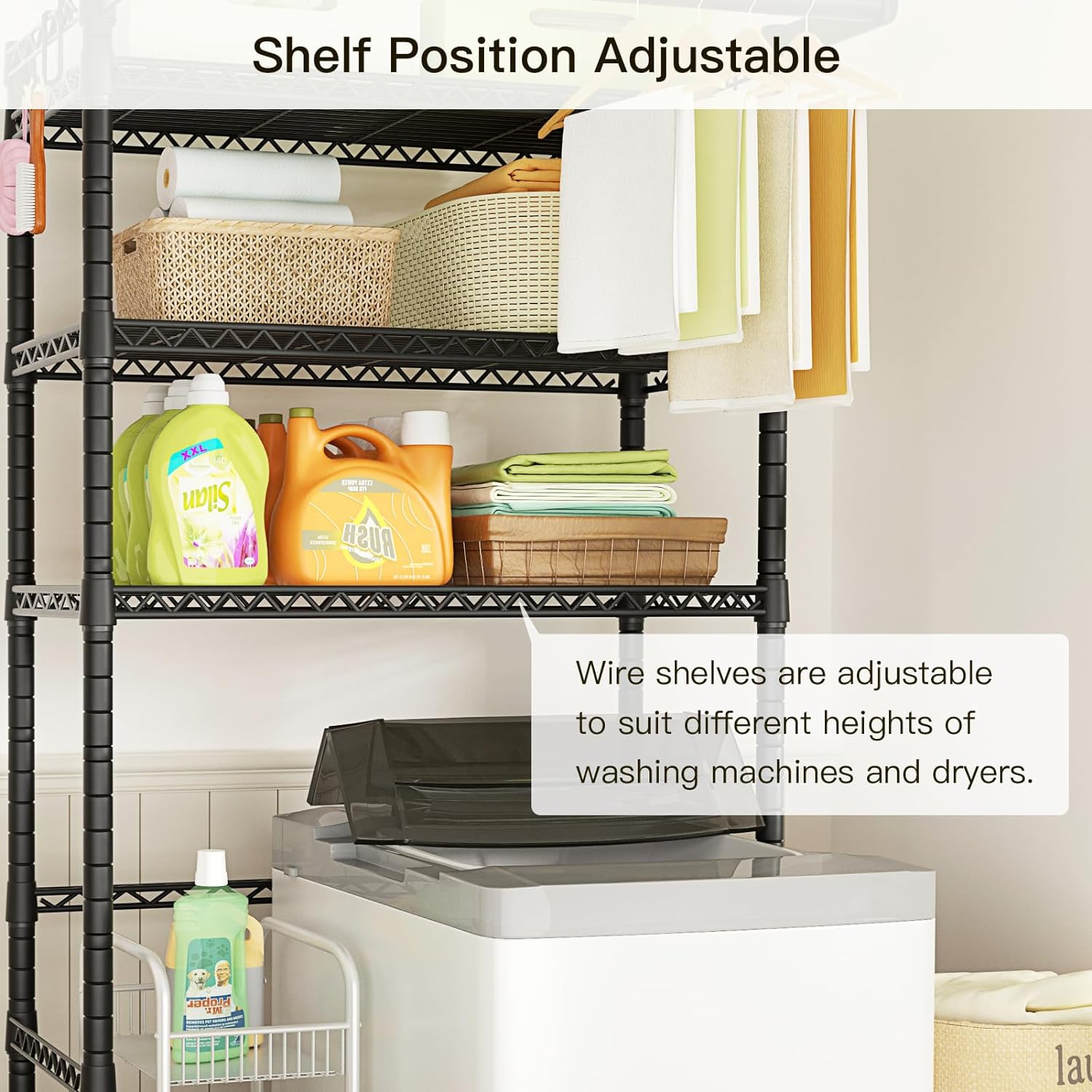 Ulif U11 Over Washer and Dryer Shelves, 3 Tiers Laundry Room Storage and Organizer Standing Shelf, Metal Freestanding Clothes Drying Rack, 33.9" W x 19.7" D x 77.6" H, Black - NestledHome