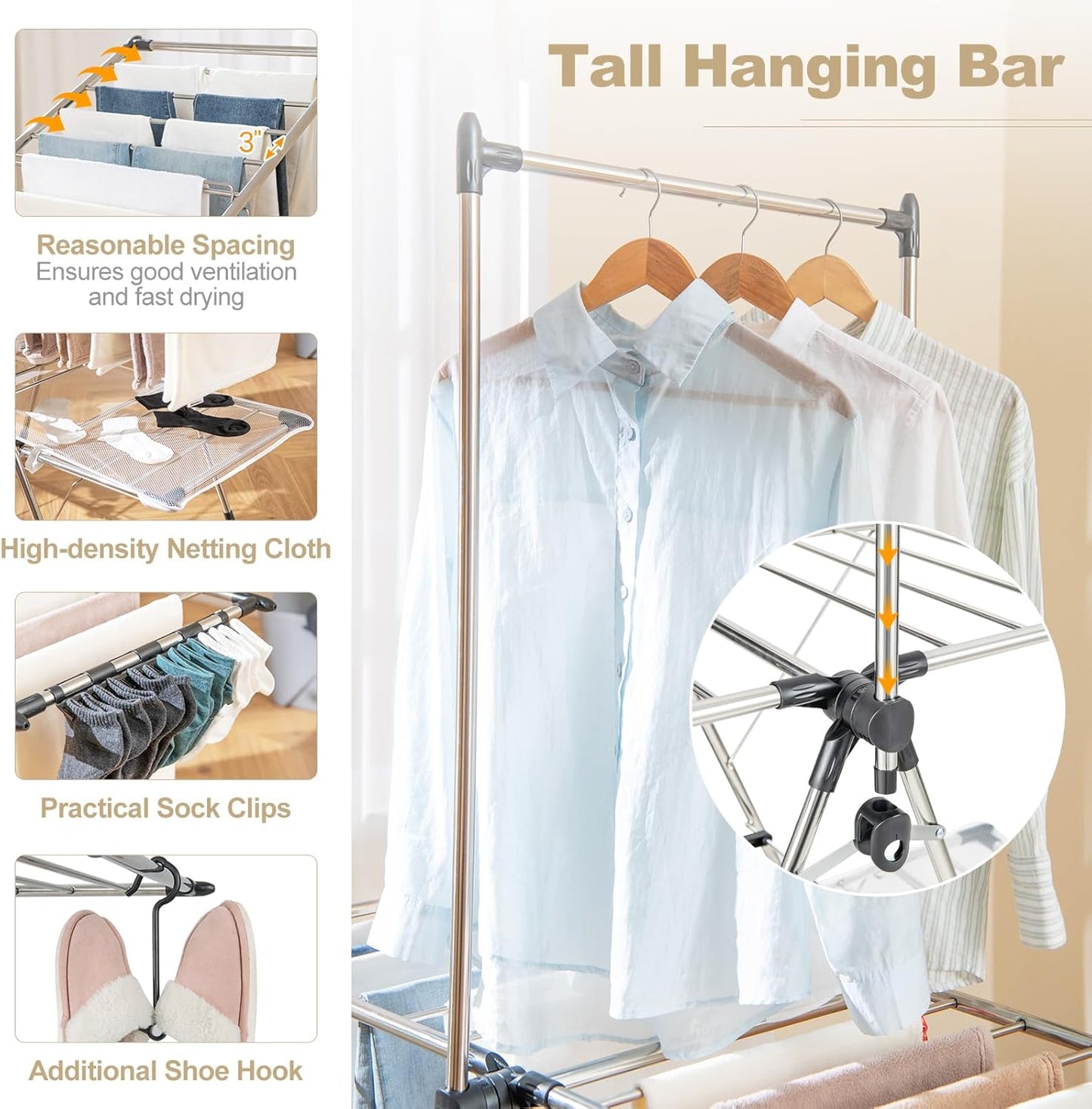 Tangkula Foldable Clothes Drying Rack, 2-Tier Laundry Drying Rack w/Tall Hanging Bar, Height Adjustable Gullwing, Freestanding Garment Stand for Indoor Outdoor Use - NestledHome