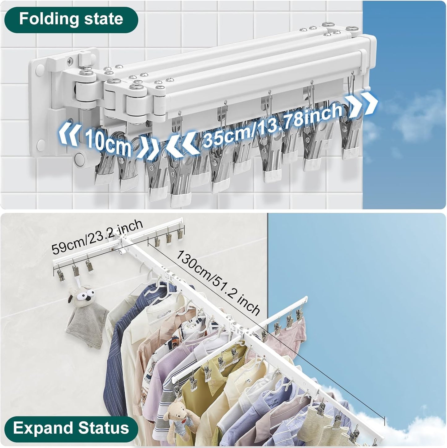 Hoimpro White 51" Clothes Drying Rack Retractable Foldable Wall Mounted, Tri-Fold Space Saving Collapsible for Hanging Clothing Coat, Ideal for Patio, Laundry Room Organization and Storage, Bathroom - NestledHome