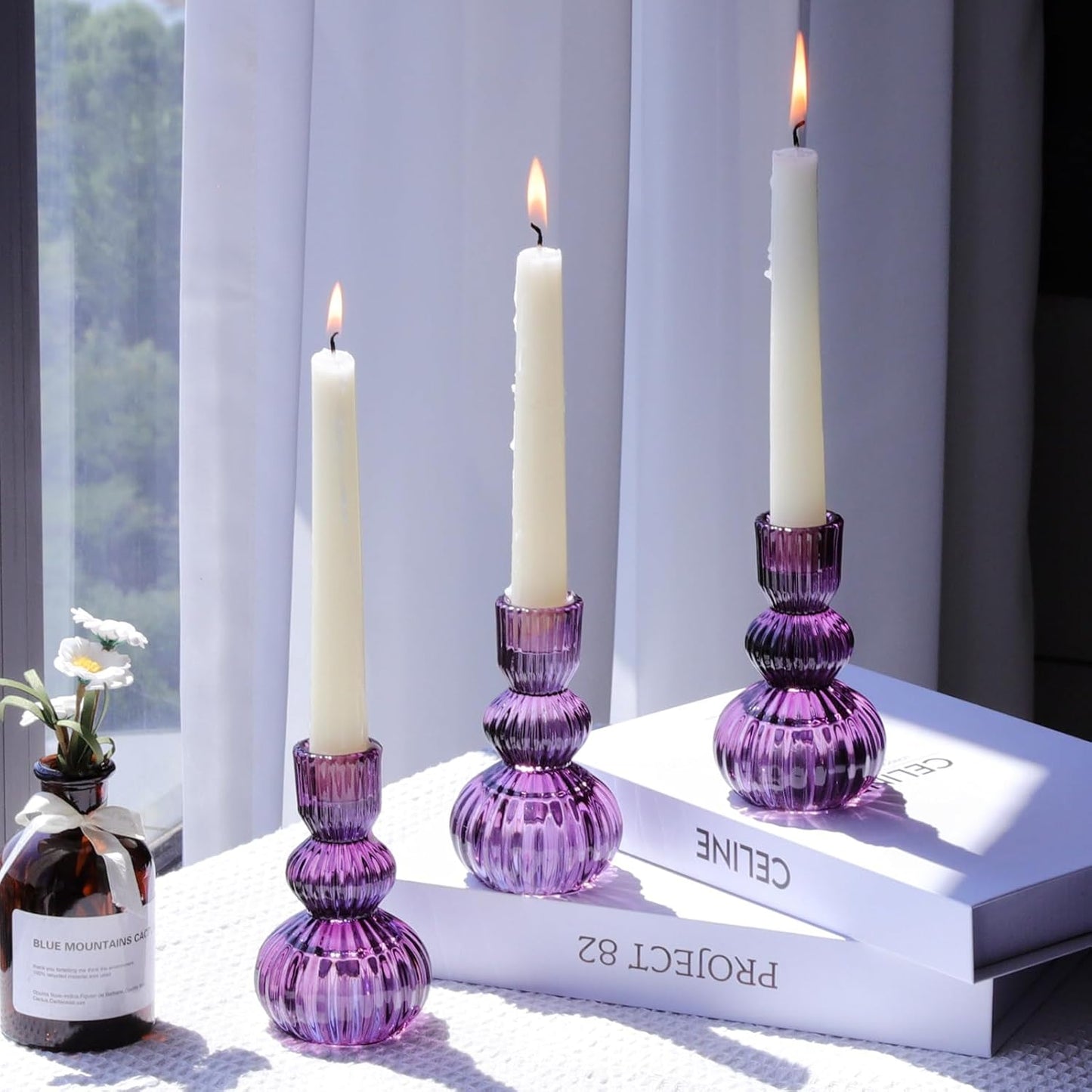 Woho Set of 6 Purple Taper Candle Holders 4.3" H for Halloween Decorations, Vintage Ribbed Glass Candlestick Holders for Wedding Table Centerpiece, Candle Sticks Holder Decor for Holiday Home Decor