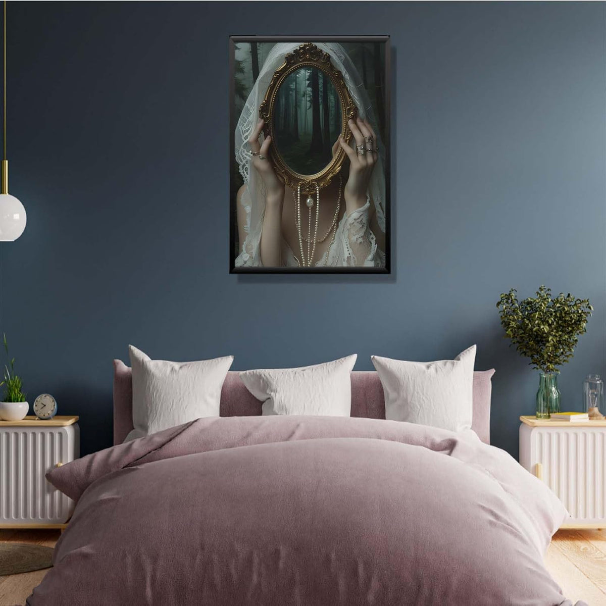 Mirror face covering dark art poster print melancholy gothic painting vintage feminine print victorian style decoration antique art12x16in Metal blackFramed