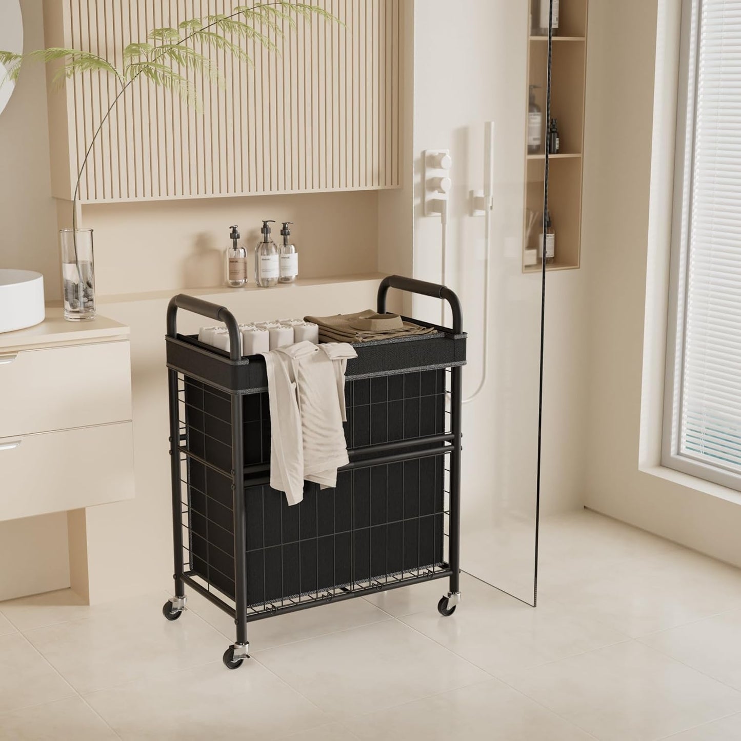 Laundry Hamper 2 Section, 110L Rolling Laundry Sorter Basket with Wheels, 2 Compartment Clothes Organizer Cart, Pull-Out Removable Bags for Laundry Room, Bathroom, Bedroom, Black - NestledHome