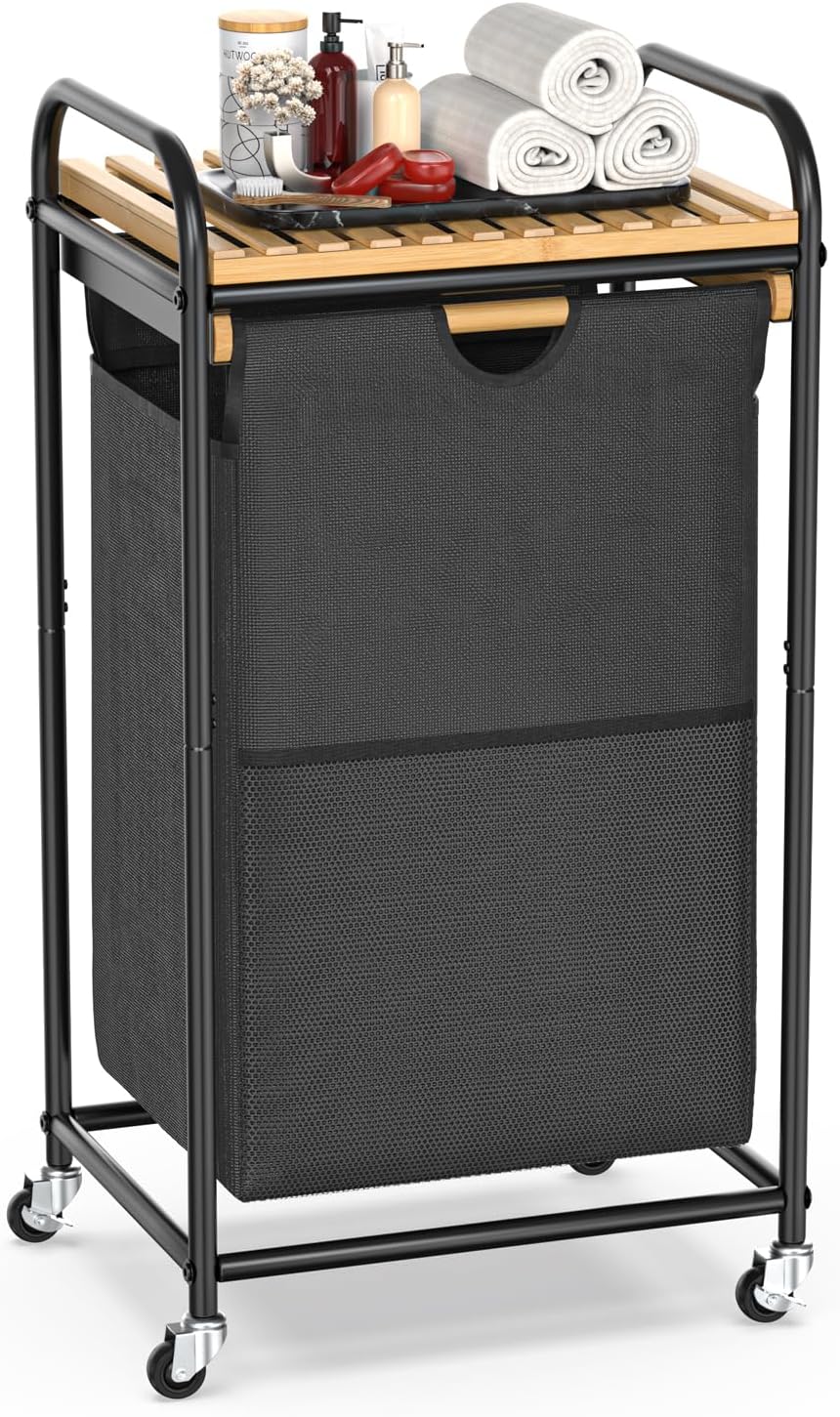 Laundry Hampers 1 Section, Laundry Sorter with Removable Shelf and Pull-Out Bags, Clothes Hampers with Wheels Rolling Cart Basket for Laundry Room Bathroom, 50 L (Black) - NestledHome