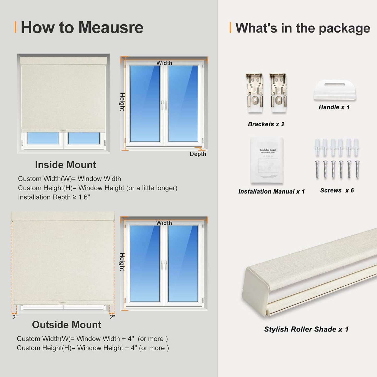 Persilux Blackout Shades for Windows Cordless Roller Blinds, Roller Windows Shades for Home with Fabric Attached Valance, UV Protections Easy Installation for Door/Office, Limestone(37.5" W x 84" H)