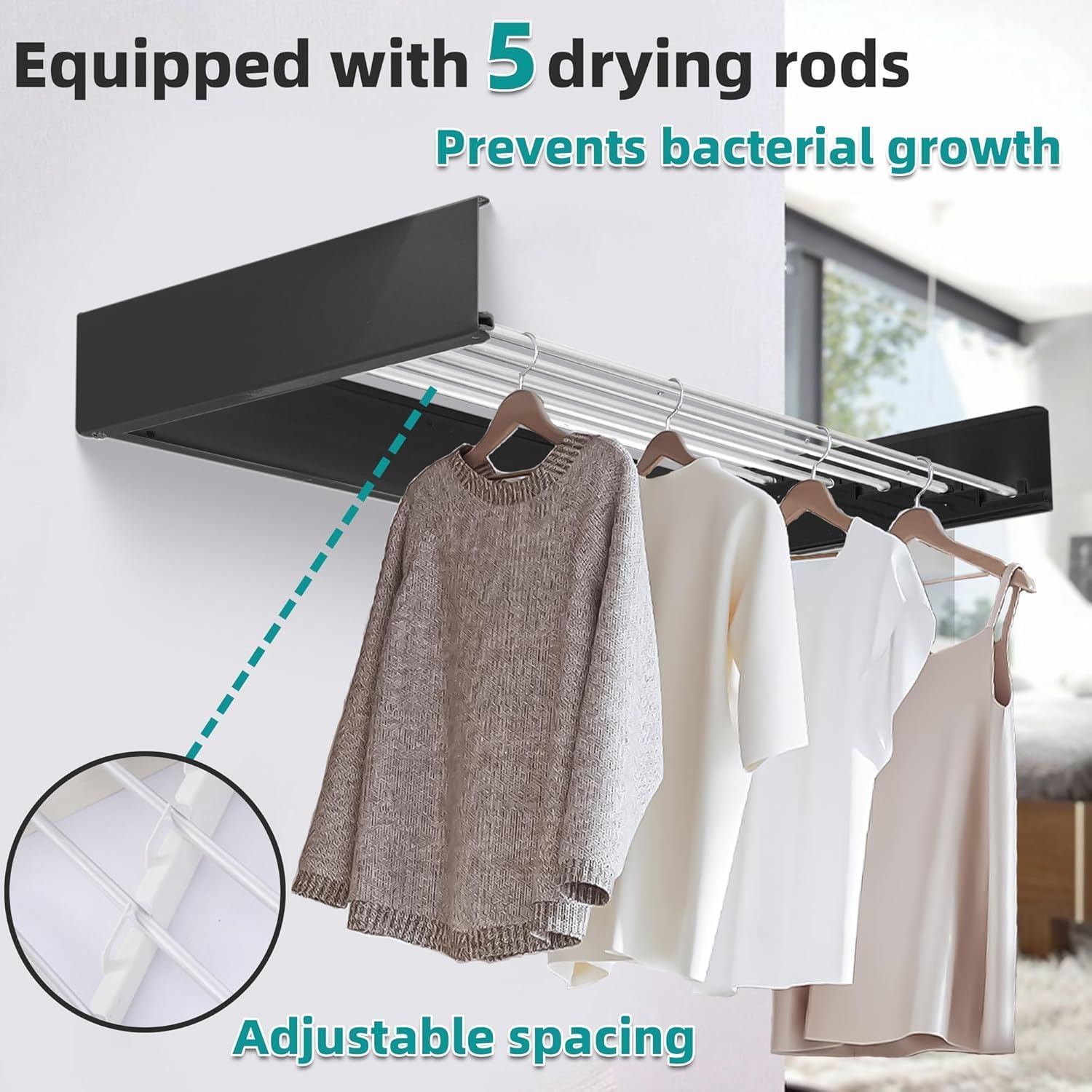 Laundry Drying Rack Collapsible, Wall Mounted Clothes Drying Rack. 39.37" Wide, 19.3 Linear Ft, 5 Aluminum Rods, with Wall Template, Screwdriver Bit (Black 1M) - NestledHome