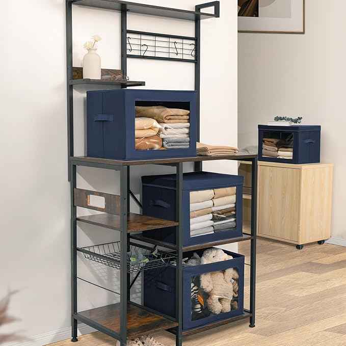 Stackable Storage Bins with Lids - Large Decorative Basket with Lids, Fabric Foldable Closet Organizer Bins, Shelf Organizer for Living Room, Dorm, 5 Pack, Navy Blue
