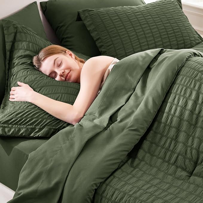 CozyLux Oversized King Comforter Set Olive Green Seersucker 7 Pieces Bed in a Bag King Comforter Set with Sheets, Luxury Soft Bedding Set with Down Alternative Comforter, Sheets, Pillowcases & Shams
