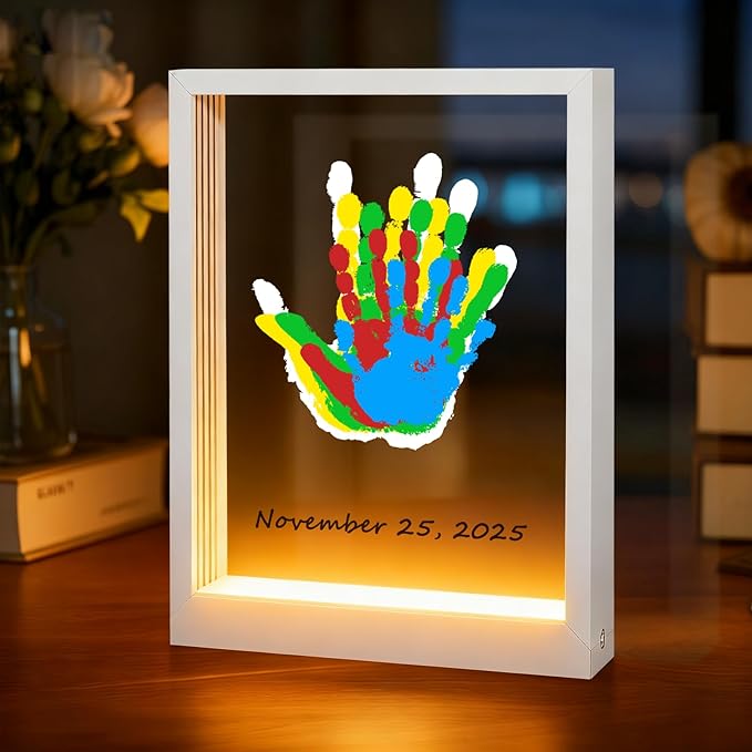 Bixinyo Family Handprint Kit with Light, Baby Hand and Footprint Keepsake Wooden Frame, Family Gifts for Mom, Women, New Parents, Mother's Day, Adoption Gifts, 5 Non-Toxic Paints (Light, White)
