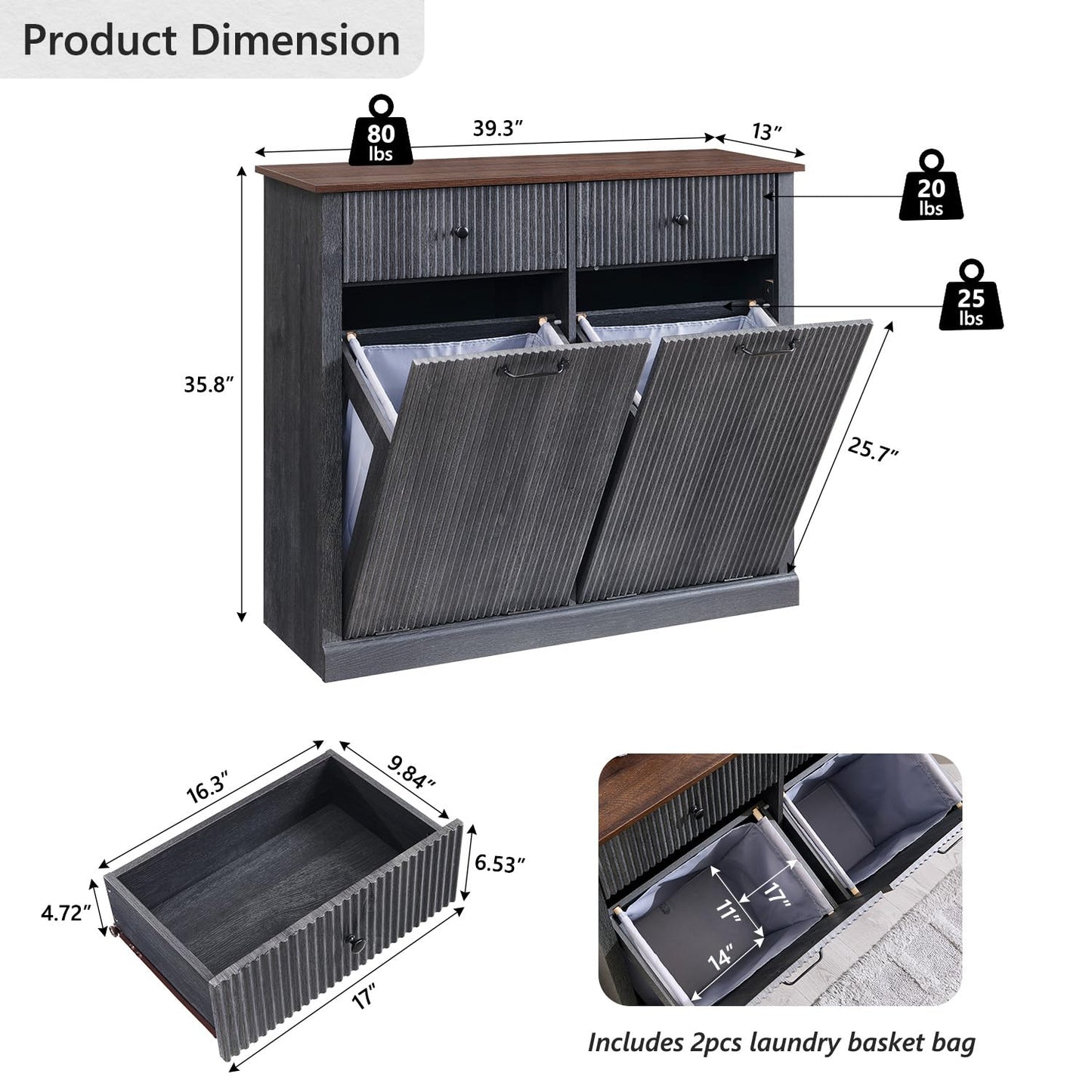 Modern Double Tilt-Out Trash Cabinet, 20 Gallon Fluted Laundry Hamper Cabinet with 2 Drawers, Wooden Hidden Garbage Can Cabinet with Storage Basket, Free Standing for Kitchen & Living Room, Grey - NestledHome