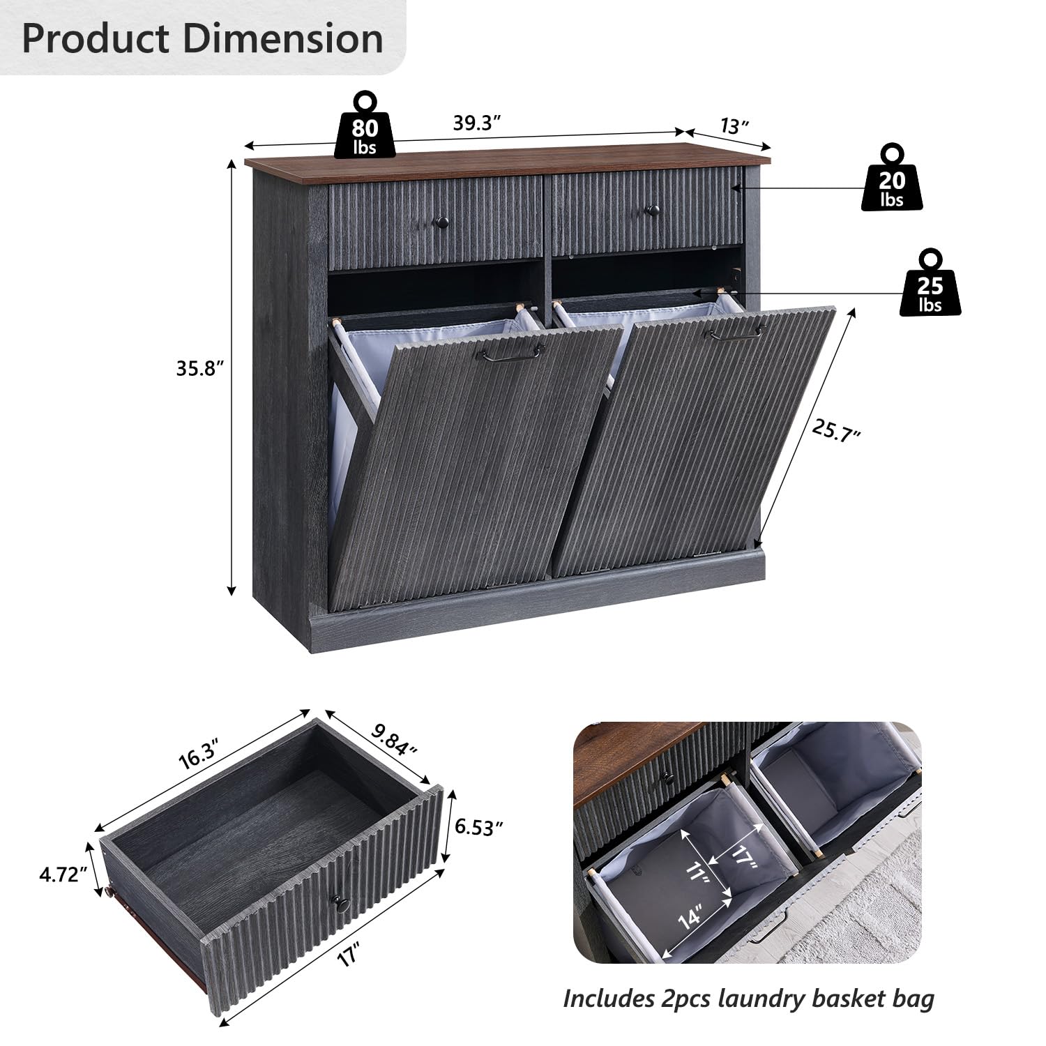 Modern Double Tilt-Out Trash Cabinet, 20 Gallon Fluted Laundry Hamper Cabinet with 2 Drawers, Wooden Hidden Garbage Can Cabinet with Storage Basket, Free Standing for Kitchen & Living Room, Grey - NestledHome