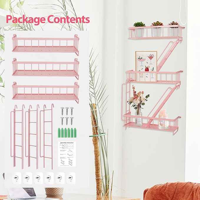 Fire Escape Shelf - Pink Wall Decor Floating Shelves, Cute Metal Ladder Shelving for Bedroom, Home Decor Display (3-Tier)
