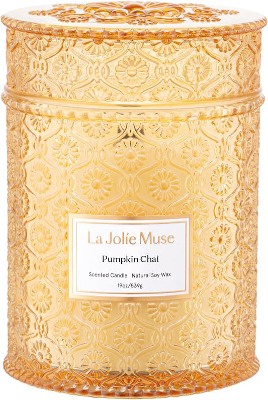 LA JOLIE MUSE Pumpkin Candle, Fall Candles for Home Scented, 19 oz Large Wood Wicked Candles, Natural Soy Candle Gifts for Men&Women, 90 Hours Long Burning, Pumpkin Chai - NestledHome